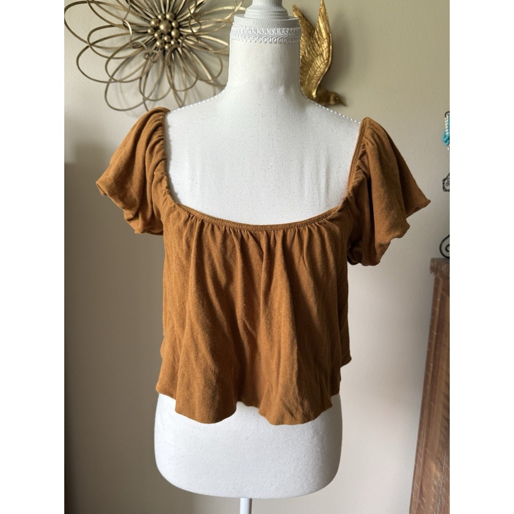 We The Free Free People Top S Brown Rust Cotton Puff Sleeve Cropped Boho
